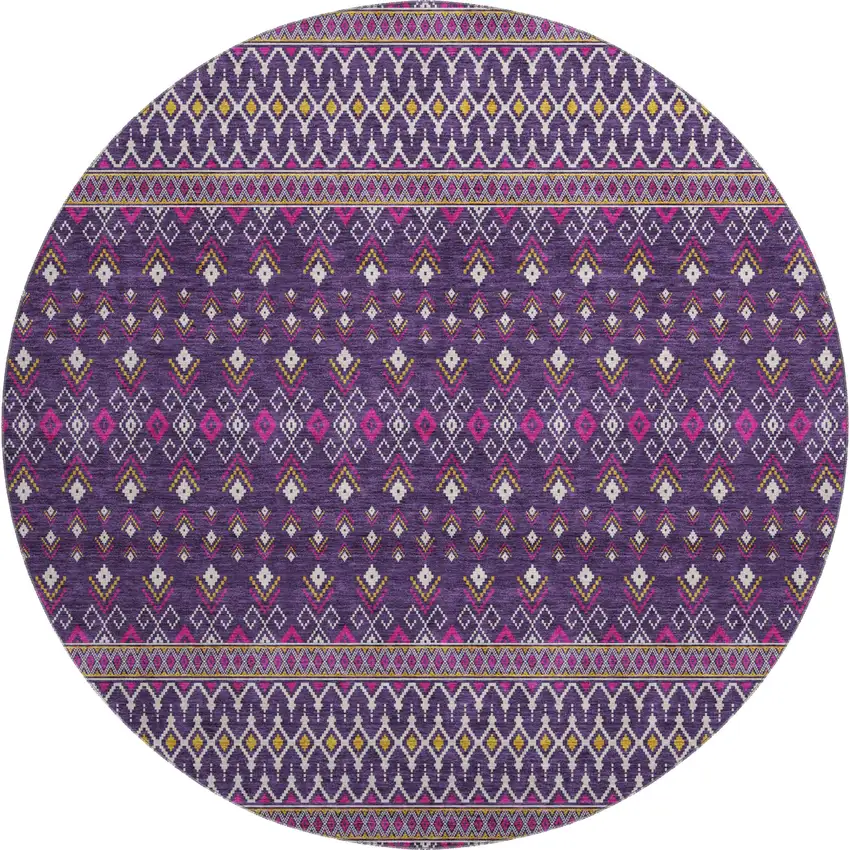 8' Purple And Yellow Tribal Washable Round Rug With UV Protection Photo 1