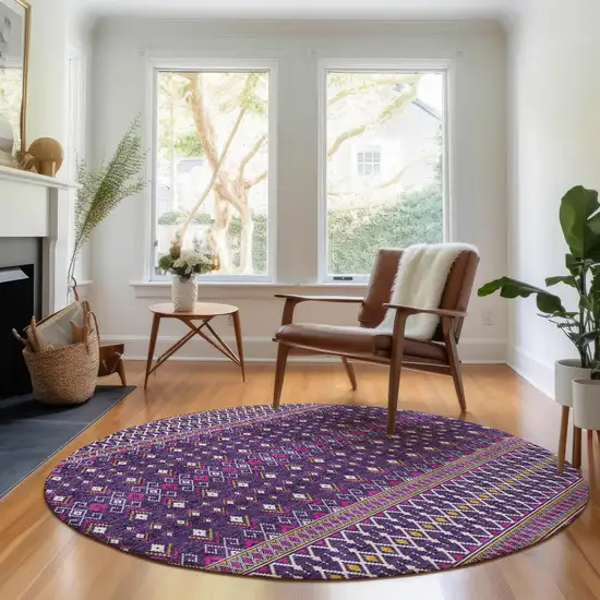 8' Purple And Yellow Tribal Washable Round Rug With UV Protection Photo 4