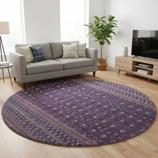 8' Purple And Yellow Tribal Washable Round Rug With UV Protection Photo 2