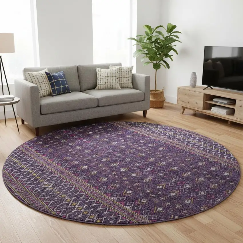8' Purple And Yellow Tribal Washable Round Rug With UV Protection Photo 2