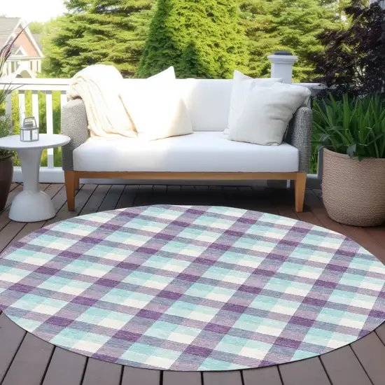 8' Purple Aqua And Beige Round Plaid Washable Indoor Outdoor Area Rug Photo 6