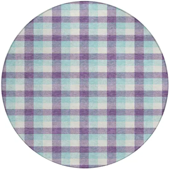 8' Purple Aqua And Beige Round Plaid Washable Indoor Outdoor Area Rug Photo 2