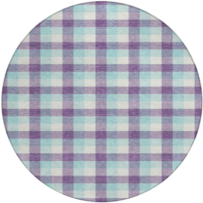 8' Purple Aqua And Beige Round Plaid Washable Indoor Outdoor Area Rug Photo 2