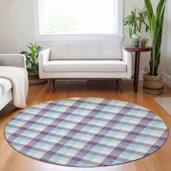 8' Purple Aqua And Beige Round Plaid Washable Indoor Outdoor Area Rug Photo 7