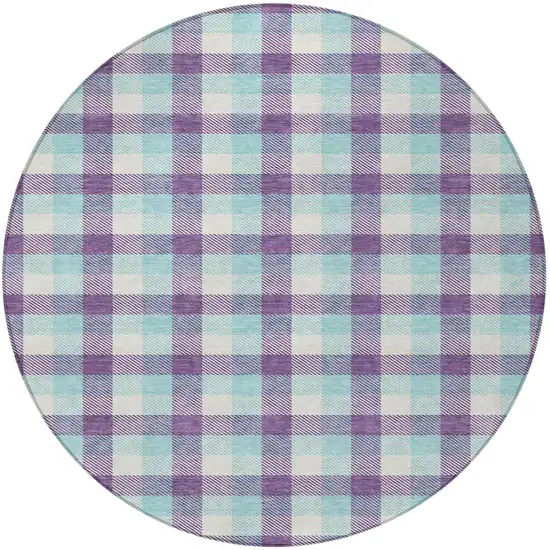 8' Purple Aqua And Beige Round Plaid Washable Indoor Outdoor Area Rug Photo 5