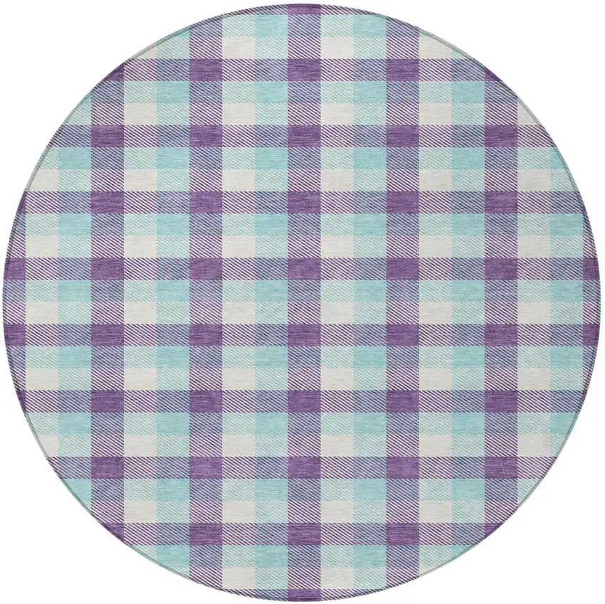 8' Purple Aqua And Beige Round Plaid Washable Indoor Outdoor Area Rug Photo 5