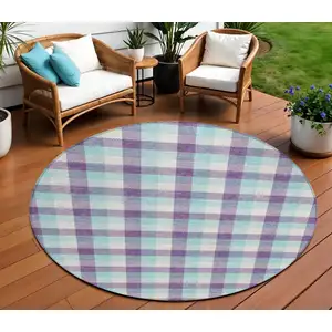 Photo of 8' Purple Aqua And Beige Round Plaid Washable Indoor Outdoor Area Rug