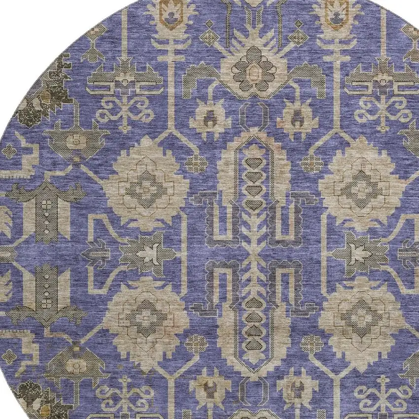 8' Purple Beige And Charcoal Oriental Washable Round Rug With UV Protection Photo 2