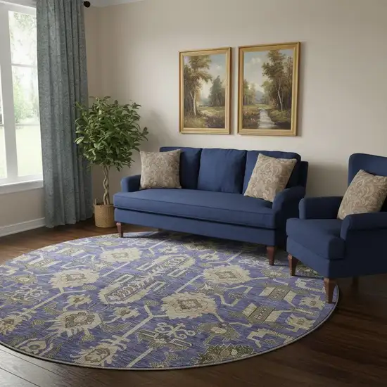 8' Purple Beige And Charcoal Oriental Washable Round Rug With UV Protection Photo 1
