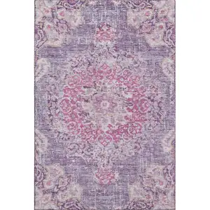 Photo of 8' Purple Beige And Ivory Floral Washable Area Rug With UV Protection