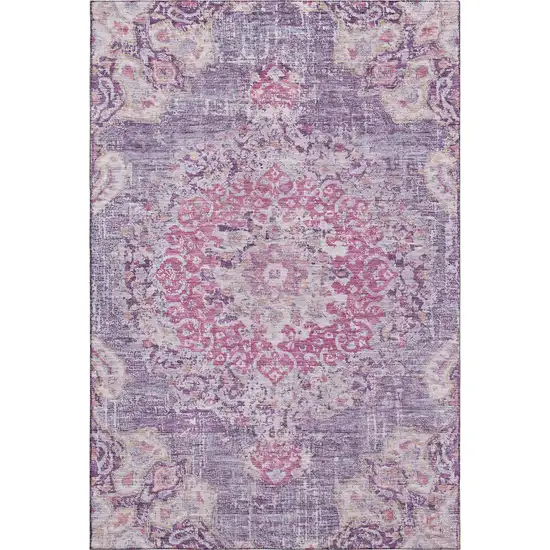 8' Purple Beige And Ivory Floral Washable Area Rug With UV Protection Photo 1