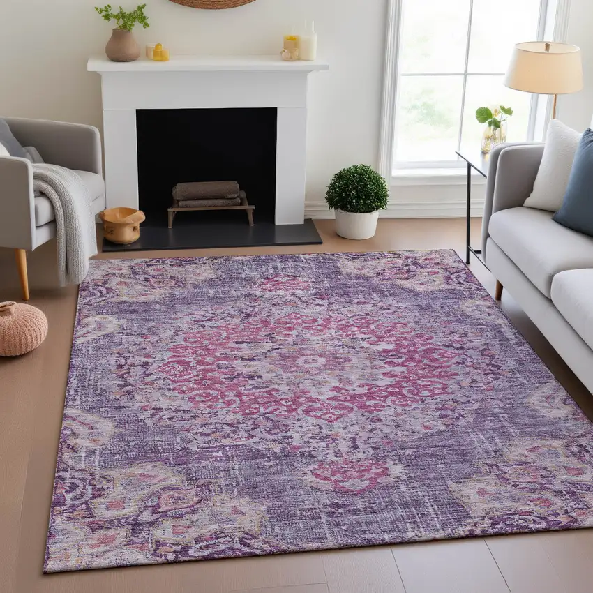 8' Purple Beige And Ivory Floral Washable Area Rug With UV Protection Photo 4