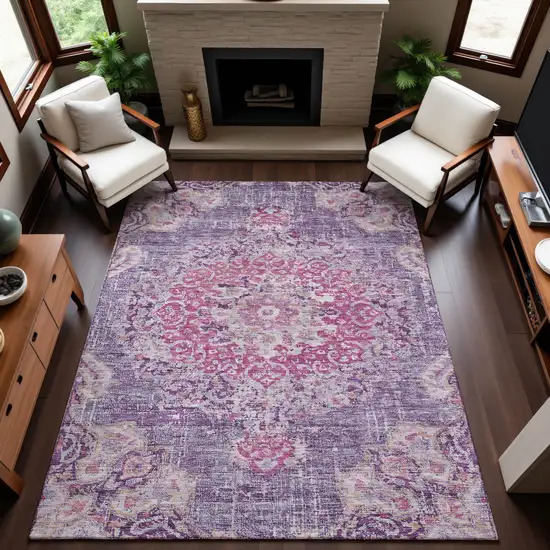 8' Purple Beige And Ivory Floral Washable Area Rug With UV Protection Photo 5