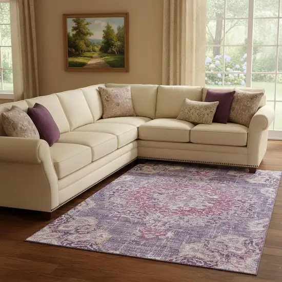 8' Purple Beige And Ivory Floral Washable Area Rug With UV Protection Photo 2