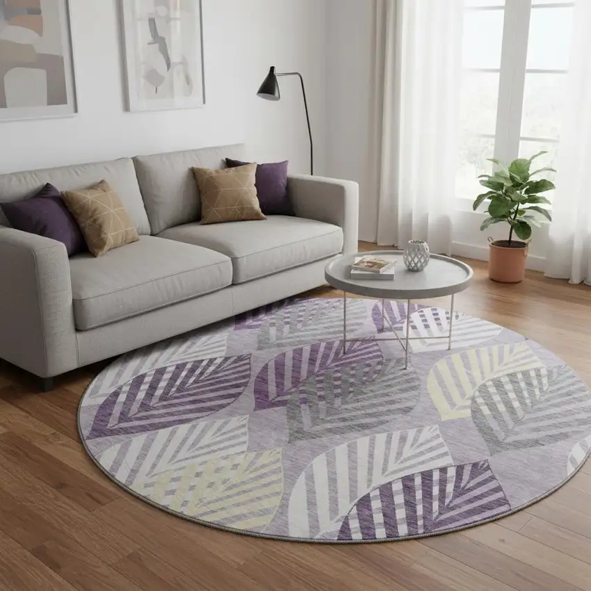 8' Purple Beige And Ivory Floral Washable Round Rug With UV Protection Photo 2