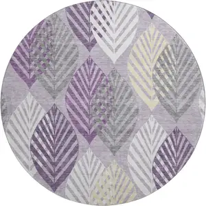 Photo of 8' Purple Beige And Ivory Floral Washable Round Rug With UV Protection