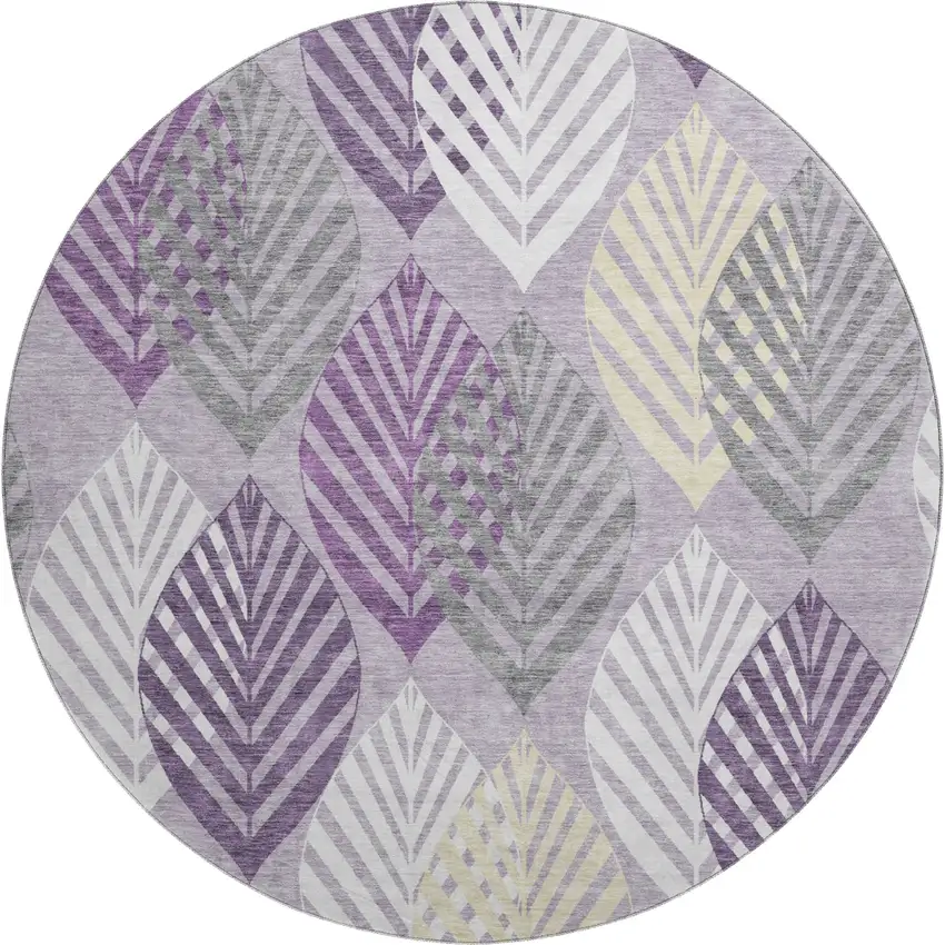 8' Purple Beige And Ivory Floral Washable Round Rug With UV Protection Photo 1