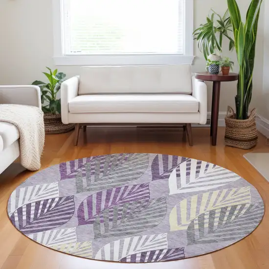 8' Purple Beige And Ivory Floral Washable Round Rug With UV Protection Photo 4