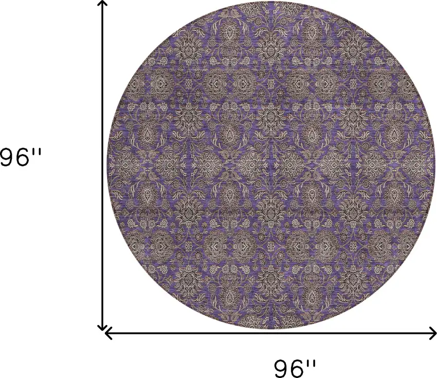 8' Purple Beige And Taupe Round Floral Washable Indoor Outdoor Area Rug Photo 6