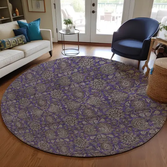 8' Purple Beige And Taupe Round Floral Washable Indoor Outdoor Area Rug Photo 7