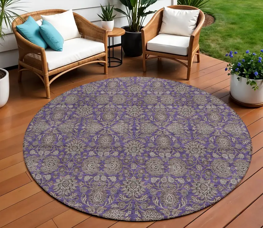 8' Purple Beige And Taupe Round Floral Washable Indoor Outdoor Area Rug Photo 1