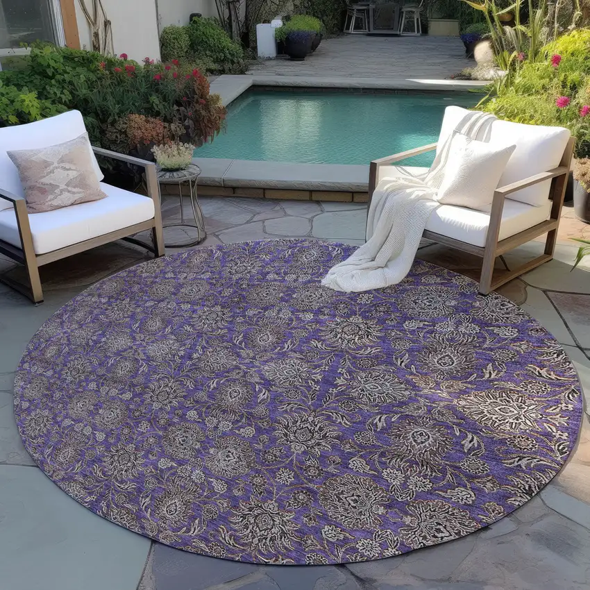 8' Purple Beige And Taupe Round Floral Washable Indoor Outdoor Area Rug Photo 6