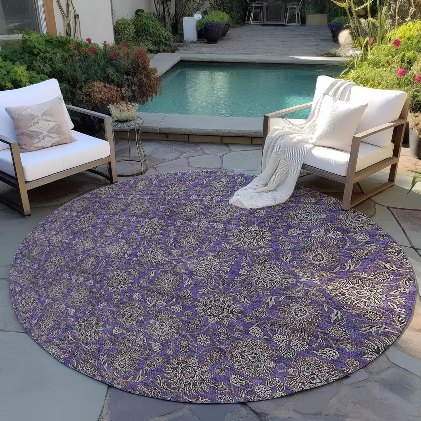 8' Purple Beige And Taupe Round Floral Washable Indoor Outdoor Area Rug Photo 6