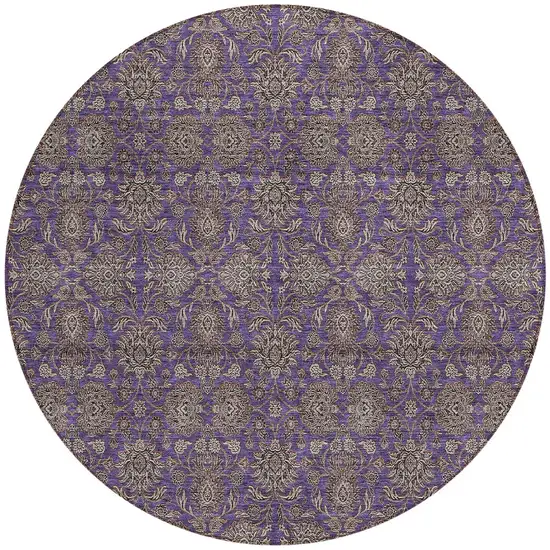 8' Purple Beige And Taupe Round Floral Washable Indoor Outdoor Area Rug Photo 2