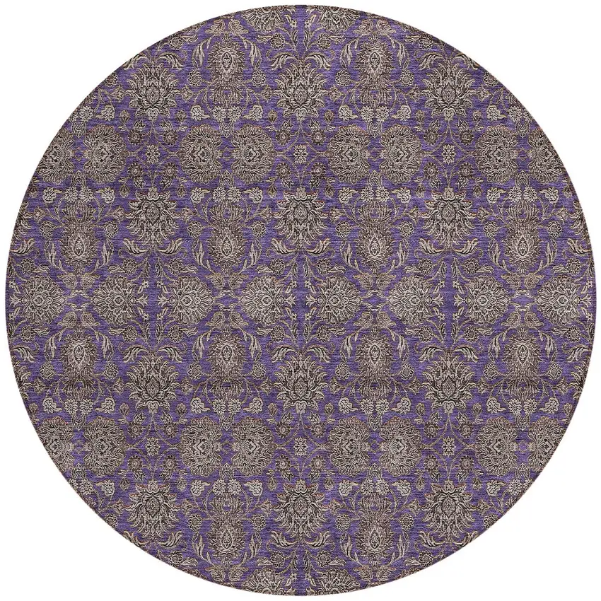 8' Purple Beige And Taupe Round Floral Washable Indoor Outdoor Area Rug Photo 2