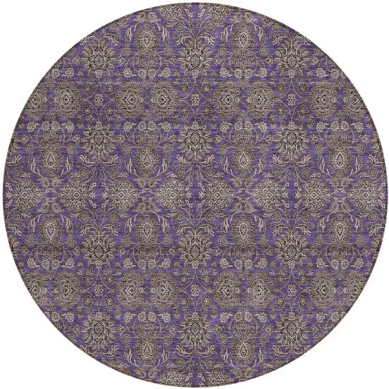 8' Purple Beige And Taupe Round Floral Washable Indoor Outdoor Area Rug Photo 1