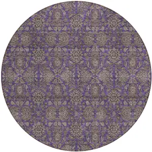 Photo of 8' Purple Beige And Taupe Round Floral Washable Indoor Outdoor Area Rug