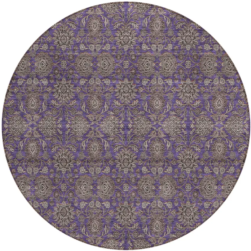 8' Purple Beige And Taupe Round Floral Washable Indoor Outdoor Area Rug Photo 1