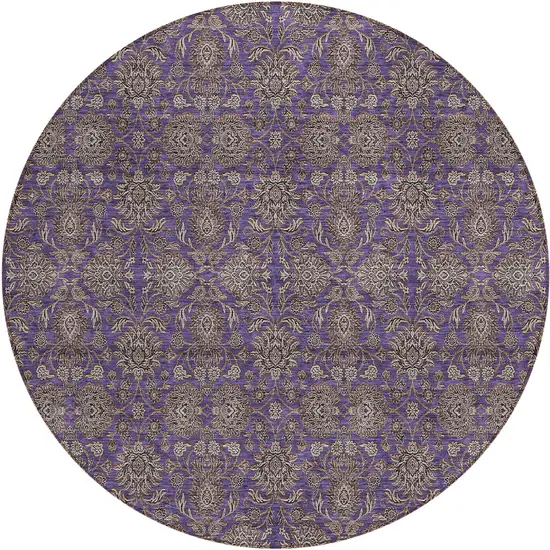 8' Purple Beige And Taupe Round Floral Washable Indoor Outdoor Area Rug Photo 1