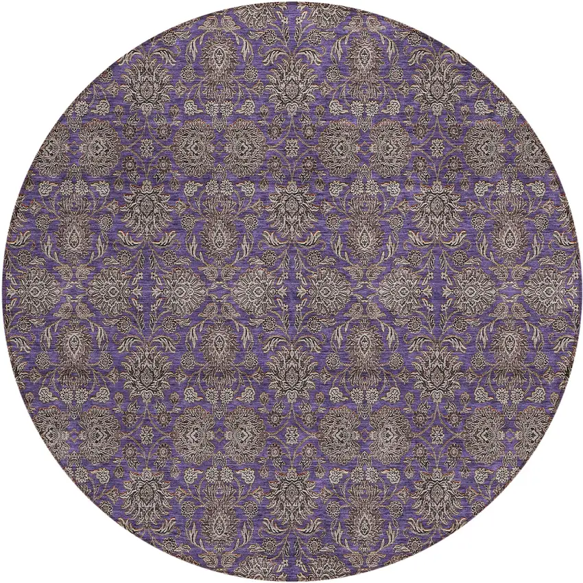 8' Purple Beige And Taupe Round Floral Washable Indoor Outdoor Area Rug Photo 1