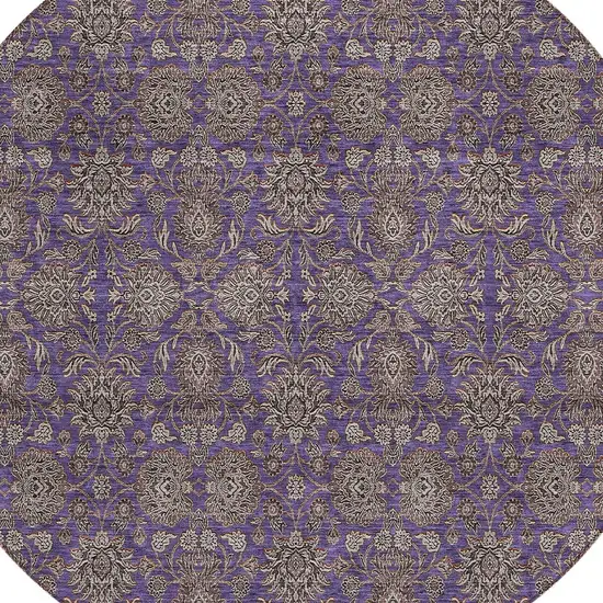 8' Purple Beige And Taupe Round Floral Washable Indoor Outdoor Area Rug Photo 5