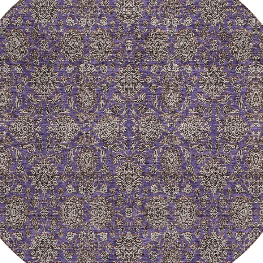 8' Purple Beige And Taupe Round Floral Washable Indoor Outdoor Area Rug Photo 5