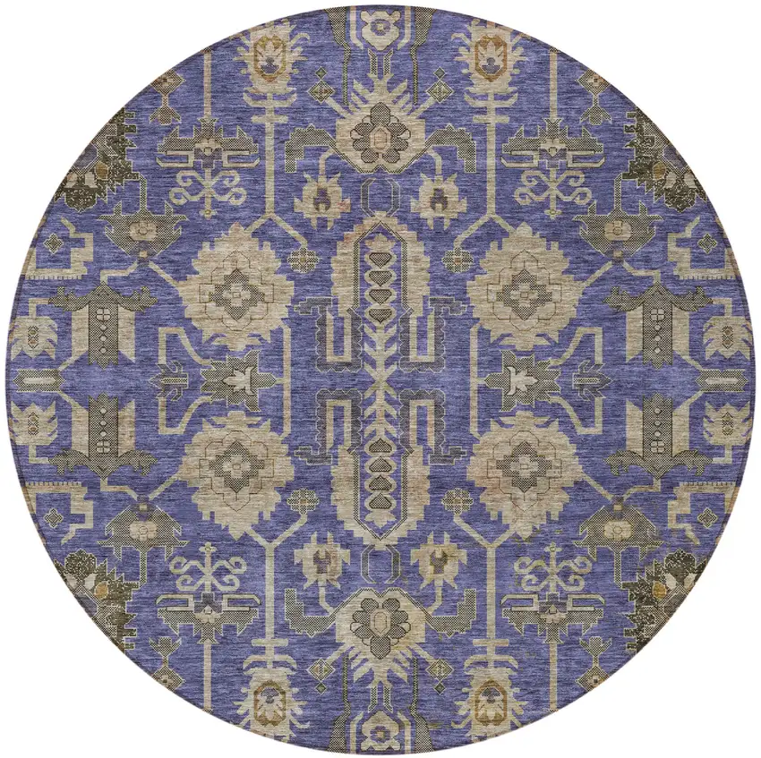 8' Purple Beige And Taupe Round Oriental Washable Indoor Outdoor Area Rug Photo 6