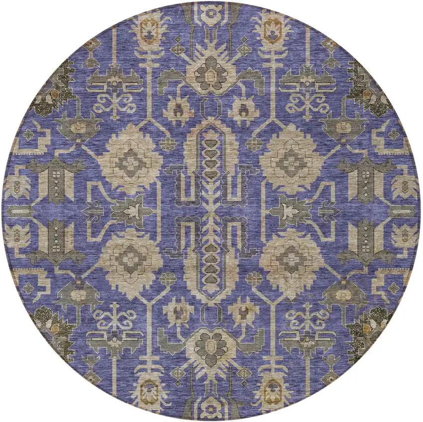8' Purple Beige And Taupe Round Oriental Washable Indoor Outdoor Area Rug Photo 6