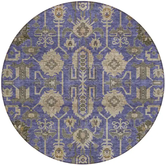 8' Purple Beige And Taupe Round Oriental Washable Indoor Outdoor Area Rug Photo 1