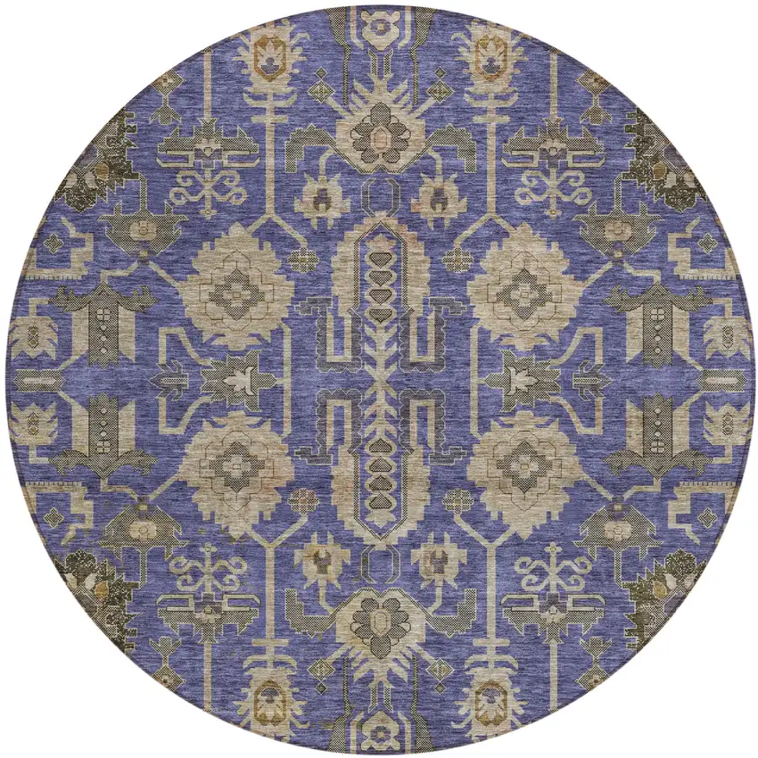 8' Purple Beige And Taupe Round Oriental Washable Indoor Outdoor Area Rug Photo 1