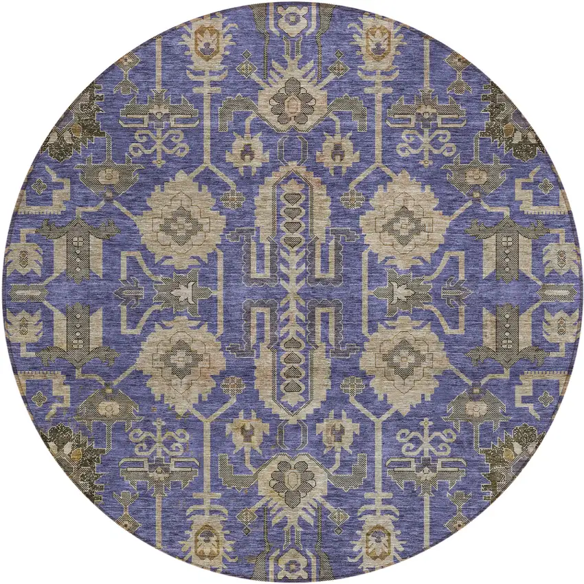 8' Purple Beige And Taupe Round Oriental Washable Indoor Outdoor Area Rug Photo 1