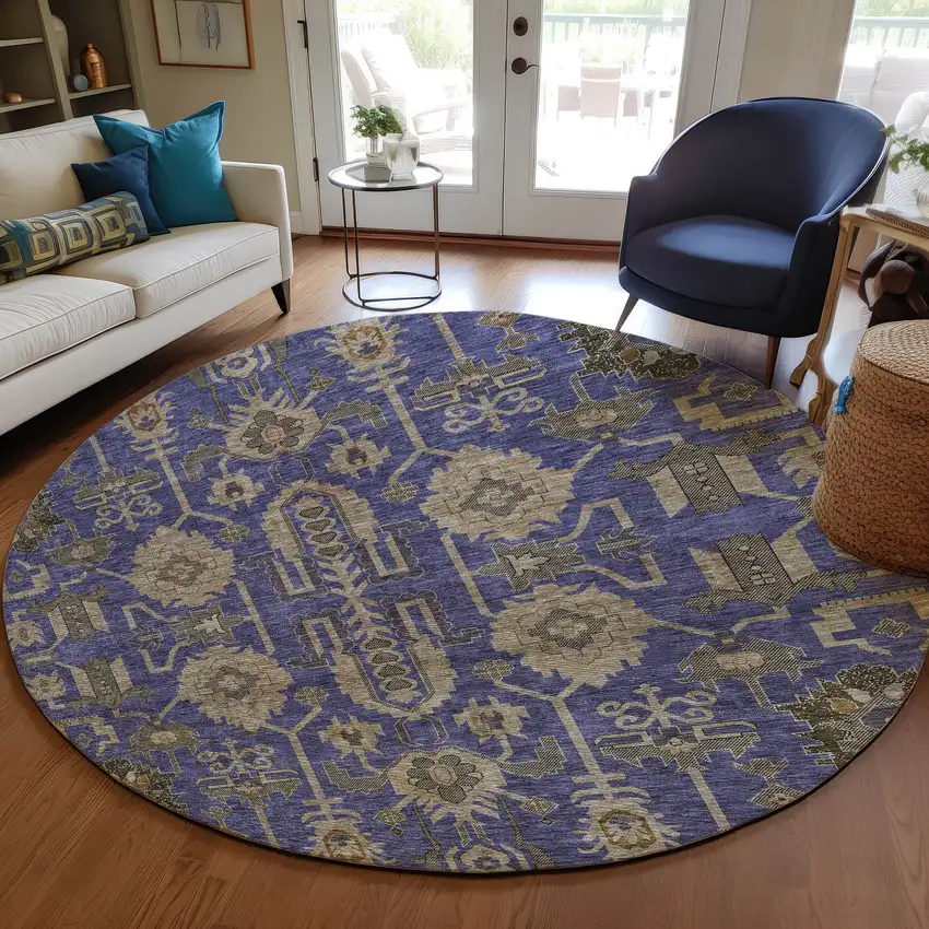 8' Purple Beige And Taupe Round Oriental Washable Indoor Outdoor Area Rug Photo 8
