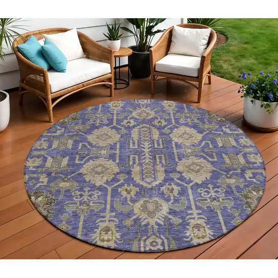 8' Purple Beige And Taupe Round Oriental Washable Indoor Outdoor Area Rug Photo 1