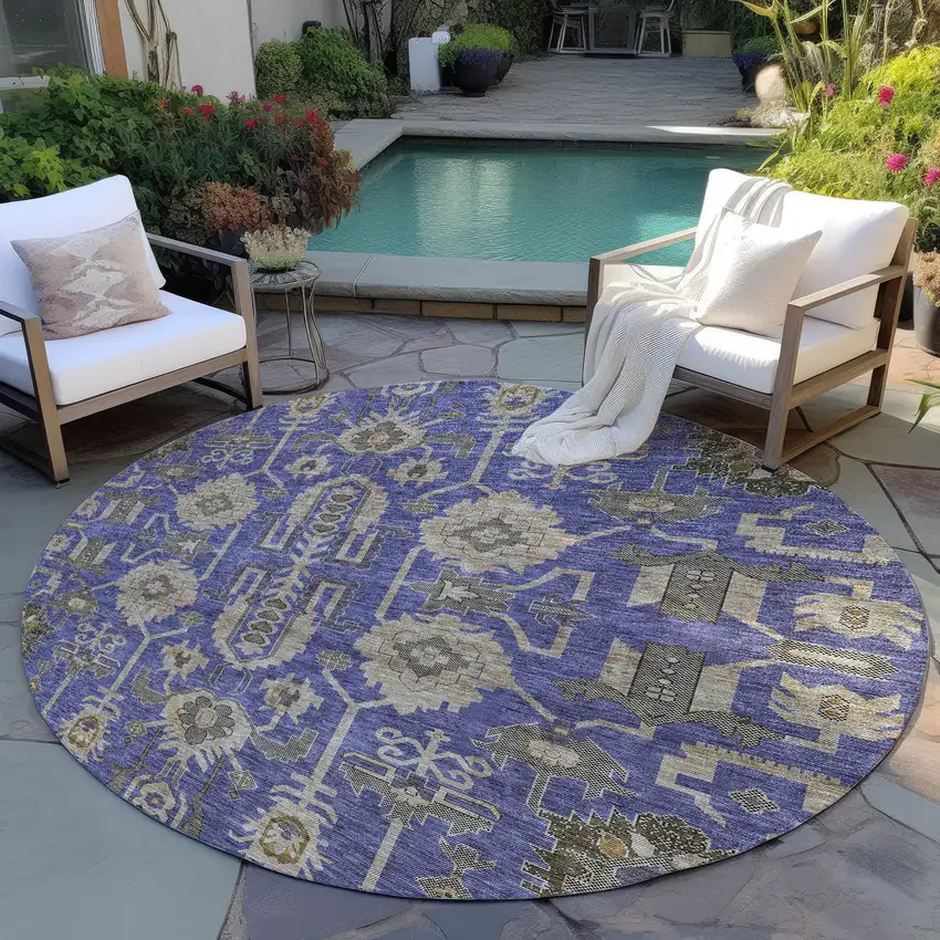 8' Purple Beige And Taupe Round Oriental Washable Indoor Outdoor Area Rug Photo 7