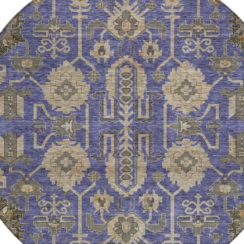 8' Purple Beige And Taupe Round Oriental Washable Indoor Outdoor Area Rug Photo 5