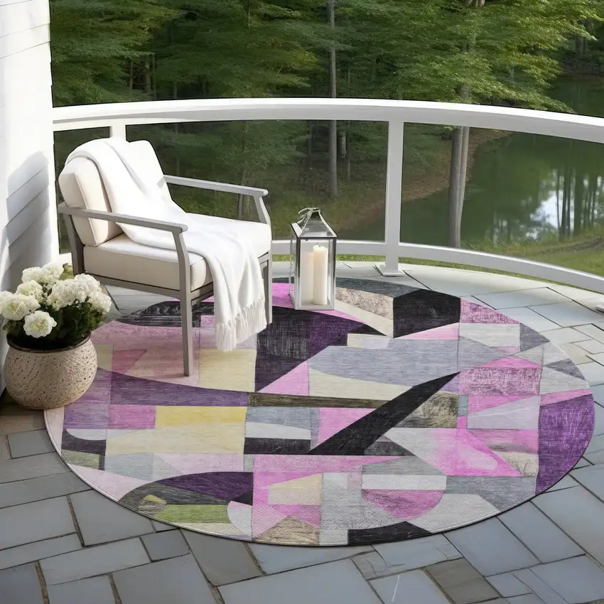 8' Purple Black And Lavender Round Abstract Washable Indoor Outdoor Area Rug Photo 6