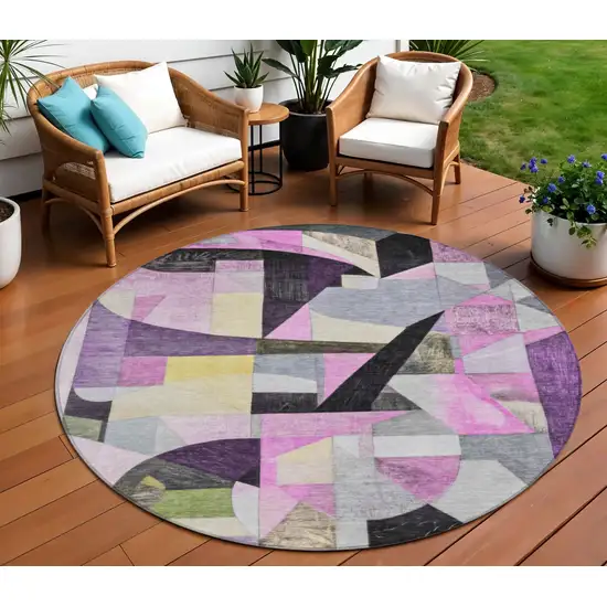8' Purple Black And Lavender Round Abstract Washable Indoor Outdoor Area Rug Photo 2