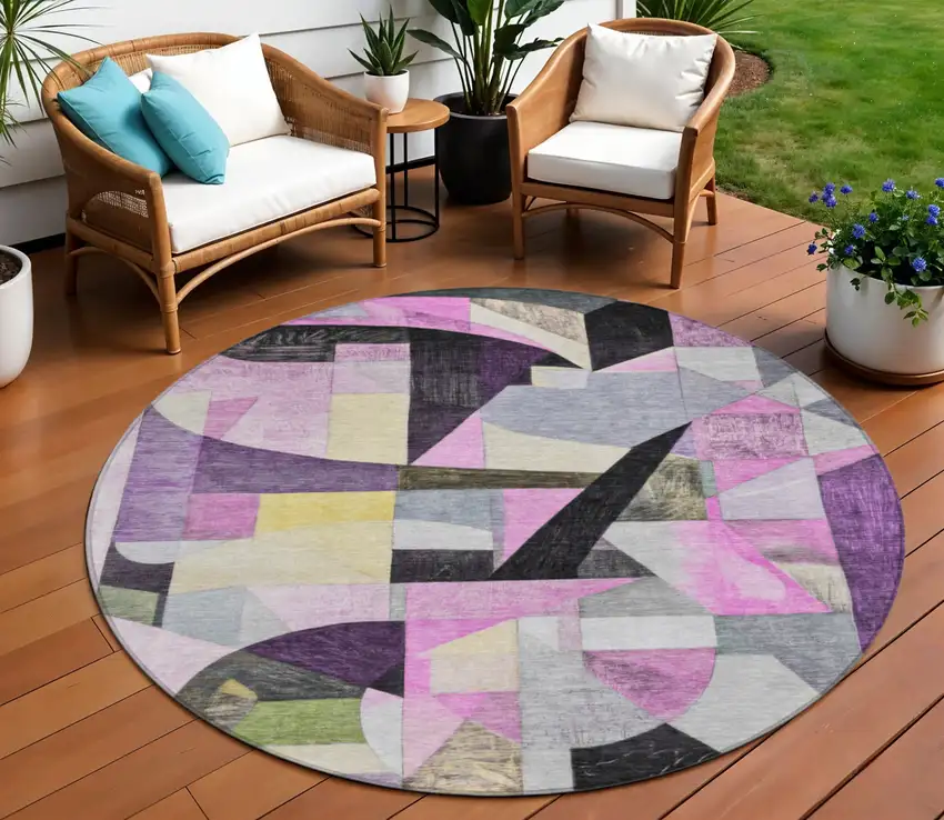 8' Purple Black And Lavender Round Abstract Washable Indoor Outdoor Area Rug Photo 2
