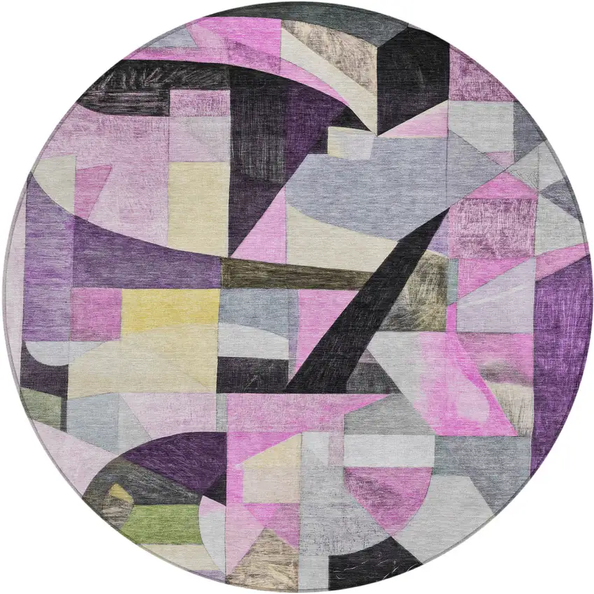 8' Purple Black And Lavender Round Abstract Washable Indoor Outdoor Area Rug Photo 1