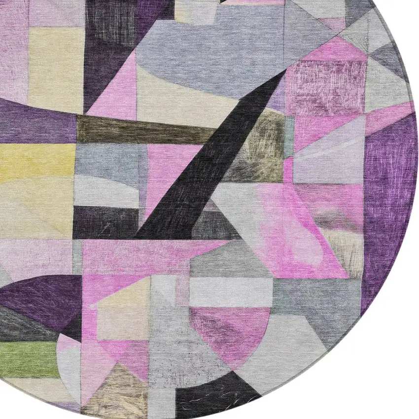 8' Purple Black And Lavender Round Abstract Washable Indoor Outdoor Area Rug Photo 9